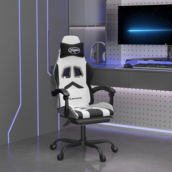 Gaming Stoel - Comfortabele Zetel - Langdurig Zitten - Verstelbare Voetensteun - Niet Gespecificeerd - Zwart Wit — afbeelding 4