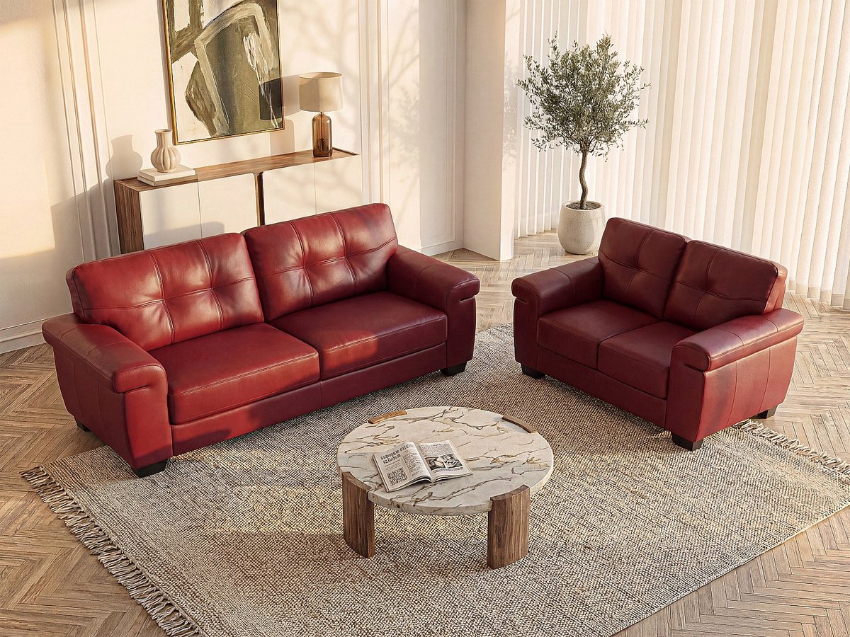 Vente-unique Driezits- en tweezitsbank van leer HAZEL - Rood