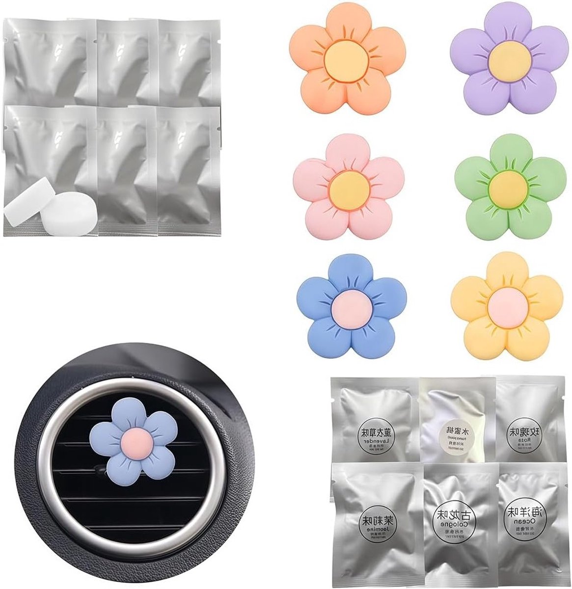 SnelShoppen - 6 Stuks Auto Luchtverfrissers voor Etherische Olie, Aromatherapie Diffuser met Ventilatieclip, Inclusief 12 Geurtabletten en 18 Sponstab