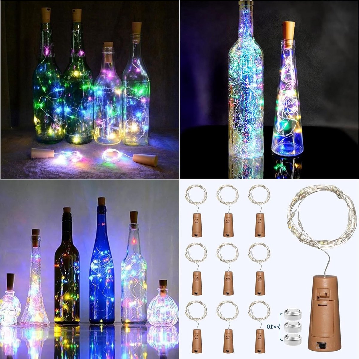 Multicolour LED Flessenlicht Caps - 10 Stuks, 20 LEDs, 2 Meter Waterdichte Verlichting voor Feestdagen, Bruiloften en Decoratie