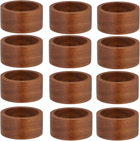Servetringen van Houten - 12 Stuks - Servetgespen - Servetdecoraties - 5 × 5 × 2,5 cm - Tafeldecoratie - Tafelaccessoires - Geschikt voor Bruiloft - Feesten - Diner - Banket - Voor papieren en stoffen servetten - Bruin