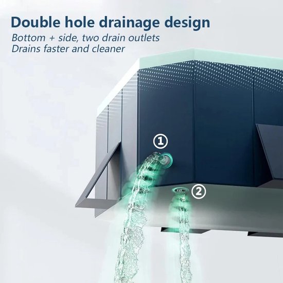 Illustratie van het dubbele afvoersysteem van het blauwe zwembad, met water dat uit twee openingen stroomt.