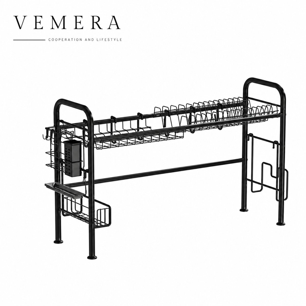Vemera afdruiprek - afwasrek - opbergrek - keukenrek - droogrek - roestvrij & automatische afwatering - 85×25×53.5 cm - zwart
