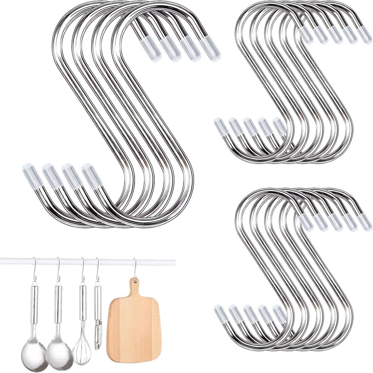 Set van 14 roestvrijstalen S-haakjes, inclusief kleine en grote haken voor keuken, gordijnen en decoratie, veelzijdige en sterke kledinghaken met zelfklevende bevestiging