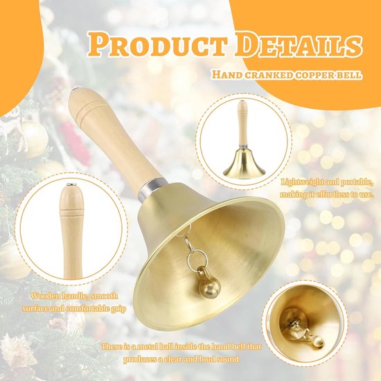 ONF3 - Gouden Bell - Handbel met Houten Handgreep - 15 cm Massief Messing - Geschikt voor School Kerk en Bruiloft - Elegante Geluidservaring — afbeelding 5