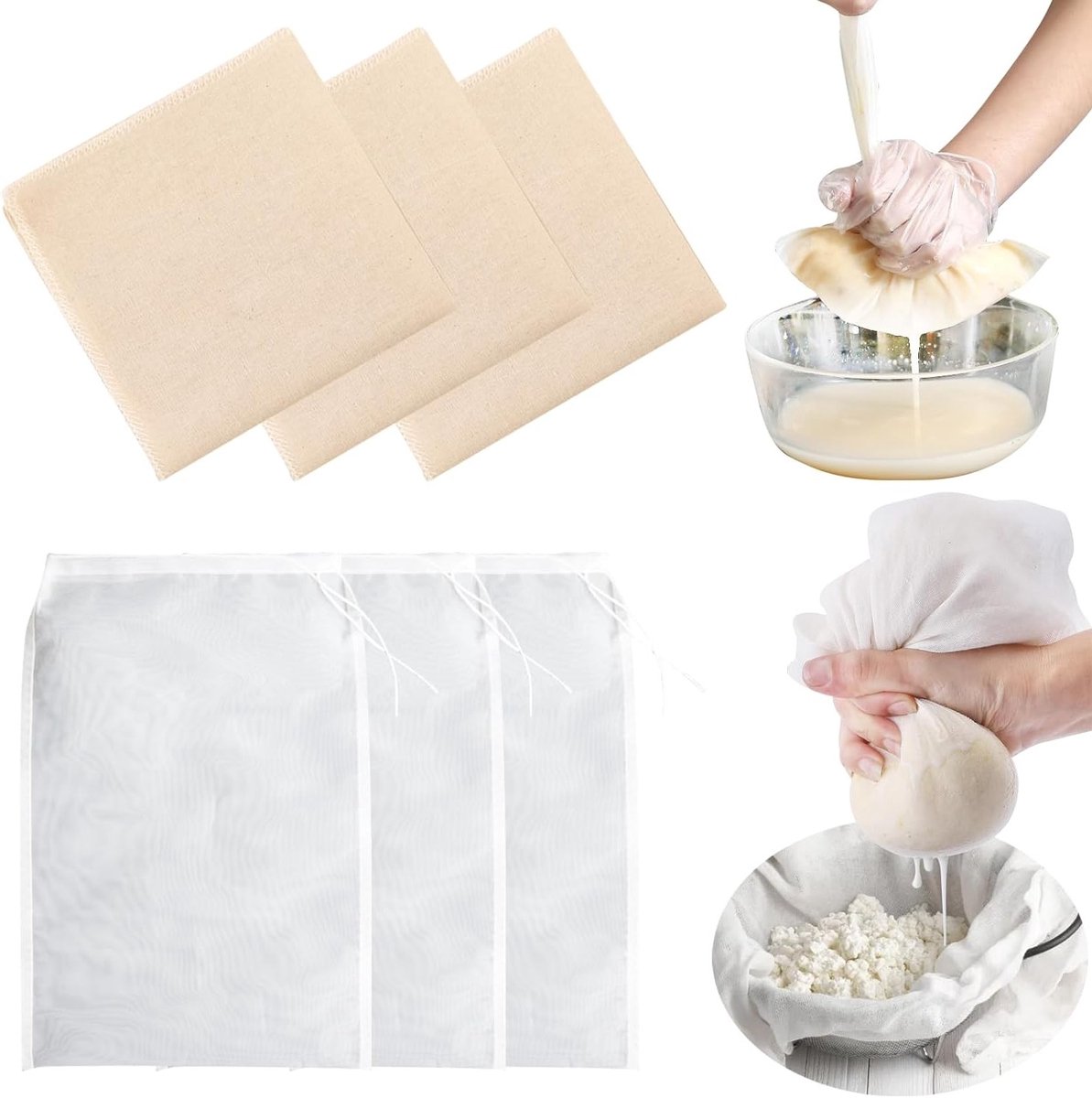 Herbruikbare en Wasbare Kaasdoeken voor Persen, Ongebleekt Muslin Katoen, Ideaal voor Koken, Bakken en Notenmelk Filtratie