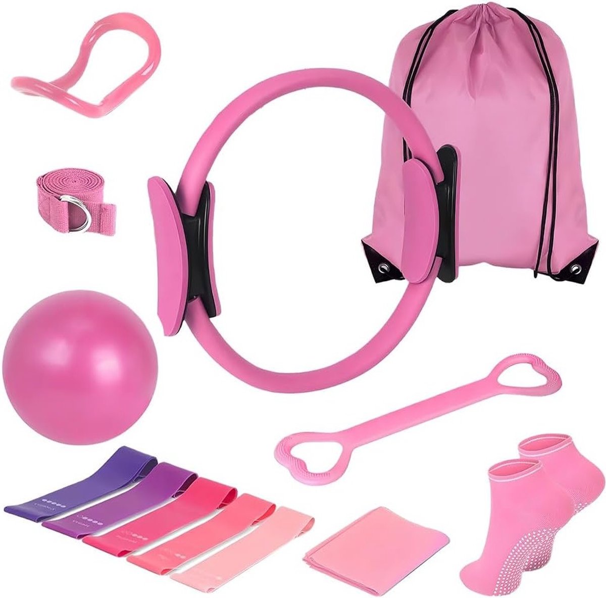Complete Pilates Set met 11 Accessoires, Inclusief Yoga Bal, Stretchband en Pilates Ring voor Effectieve Oefeningen voor Armen, Benen en Core Stabiliteit