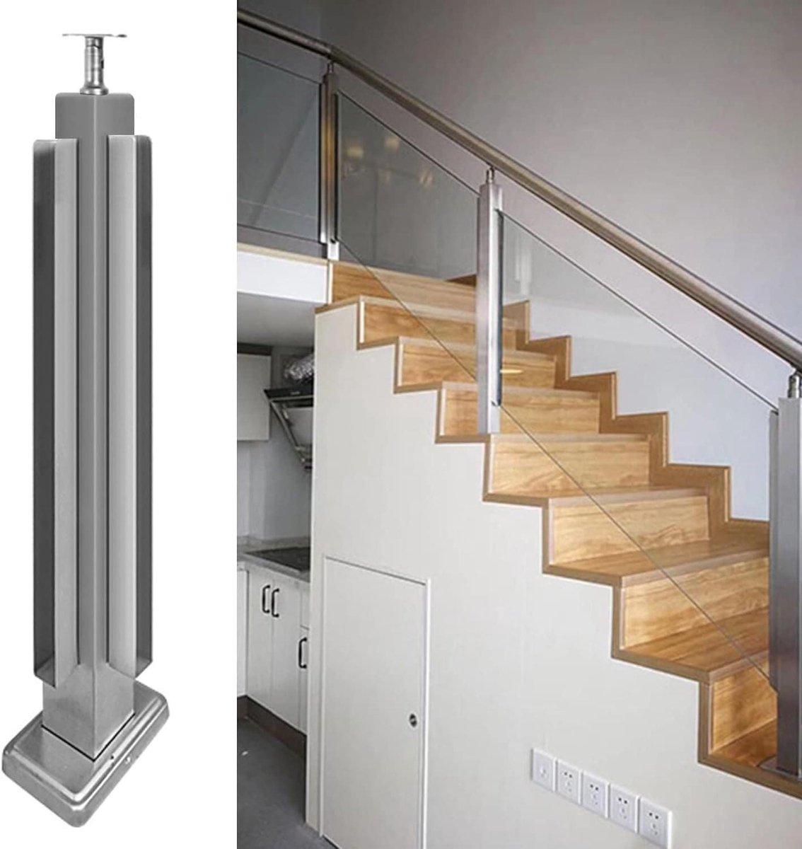 Glazen Balustrade Paal - Glazen Hek Zuil - Terras Afscheiding - Roestvrij Staal - 85 cm - Zilverkleurig