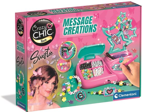 Doos 'Crazy Chic Message Creations' met roze knutseldoos, meisje met vlinders en voorbeelden van sieraden.