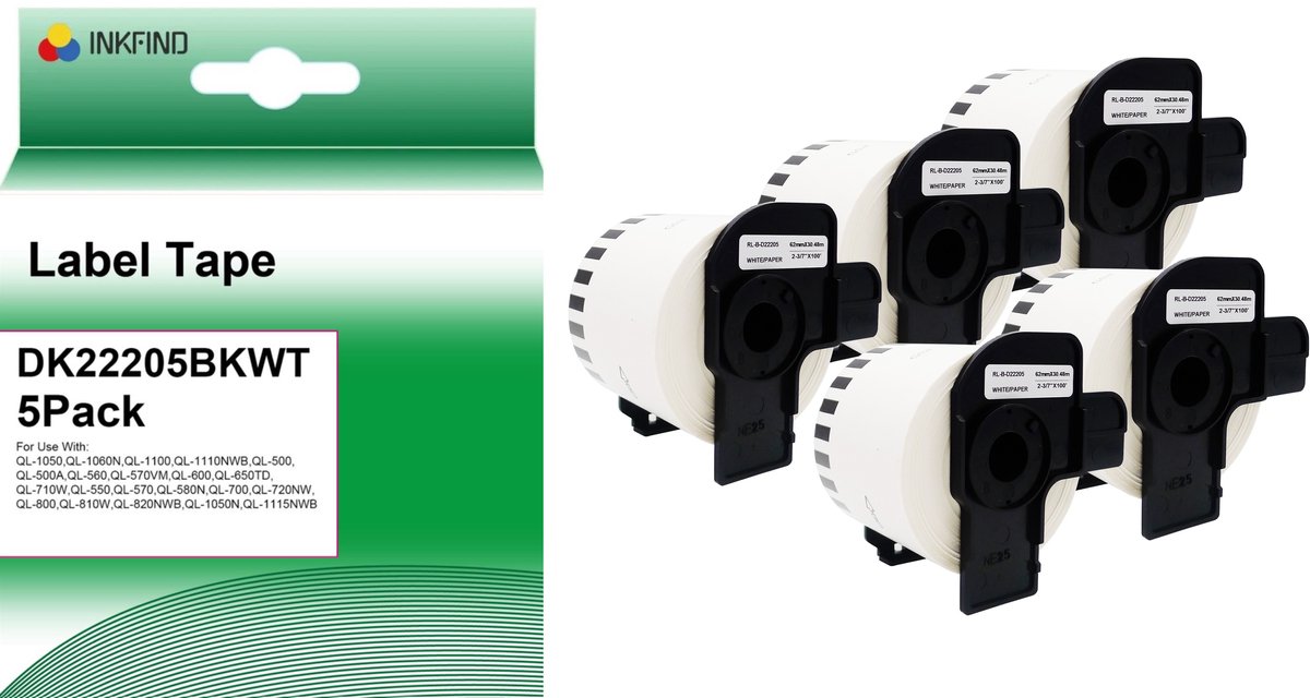 INKFIND DK-22205 Tape 5 Pack: 62mm - Thermal paper - white (30.48m) Geschikt voor Brother Labelwriter