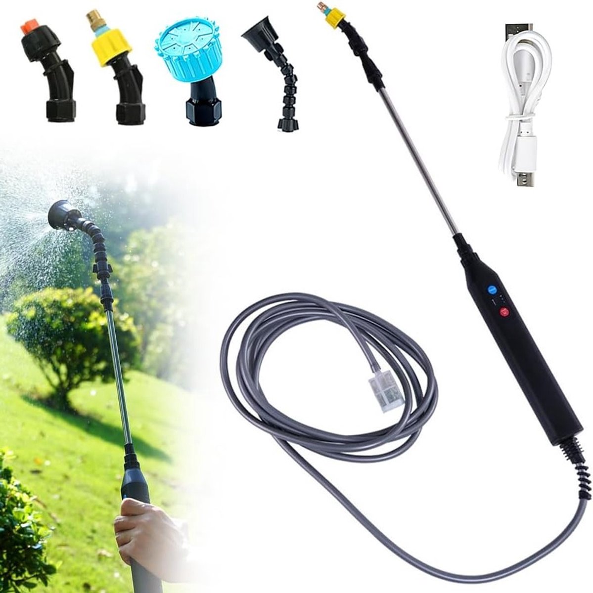 Elektrische Poederdispenser voor Planten, Oplaadbare Baterij, Inclusief 4 Spuitmonden en 5m Slang voor Tuinonderhoud en Auto Reiniging