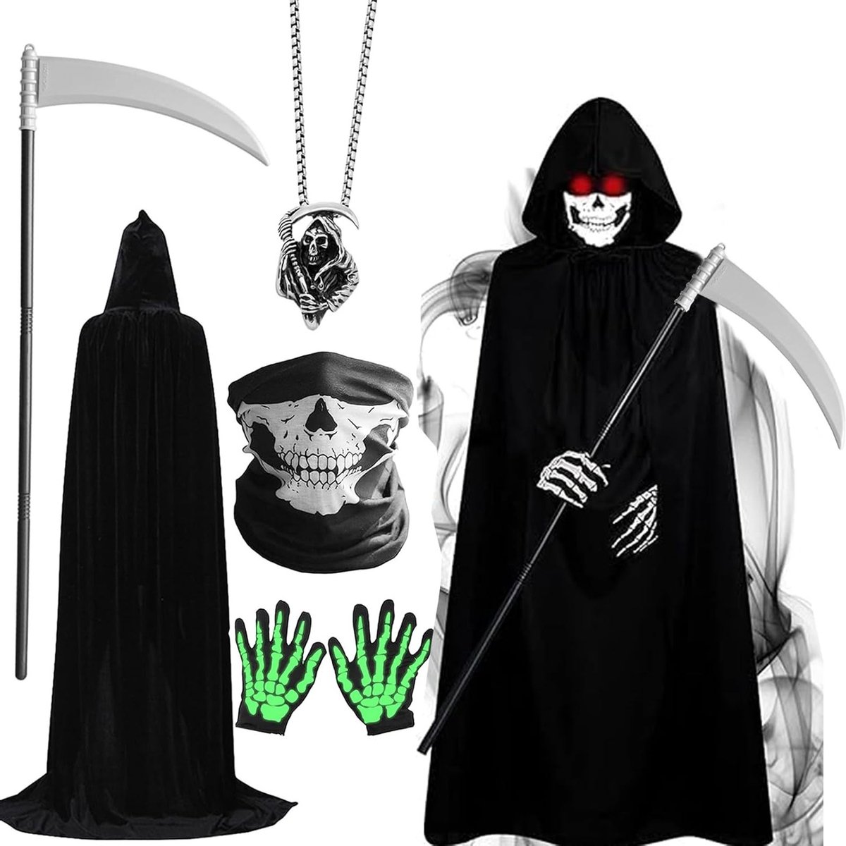 Griezelige Grim Reaper Kostuumset voor Kinderen en Volwassenen met Kap, Masker, Handschoenen en Ketting voor Halloween Cosplay