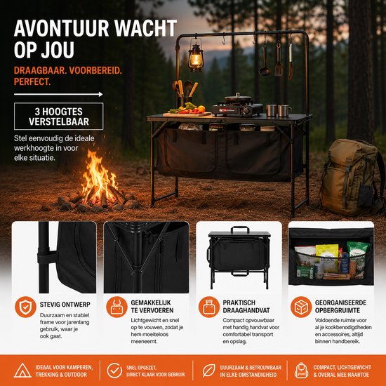 HomeGoodies Campingkeuken - Kampeerkeuken - Campingkast - Buitenkeuken - Opvouwbaar - 3 Verstelbare Hoogtes - Met Opbergvakken van Homegoodies — afbeelding 4
