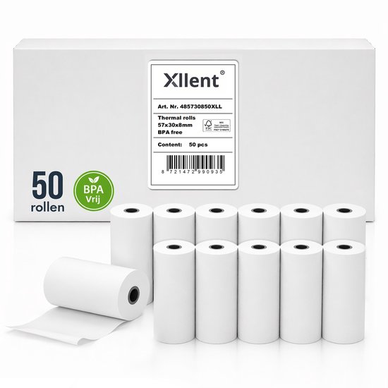 Een doos met 12 Xllent thermische rollen (57x30x8mm). 50 rollen per doos. BPA-vrij. Tekst: '50 rollen'.
