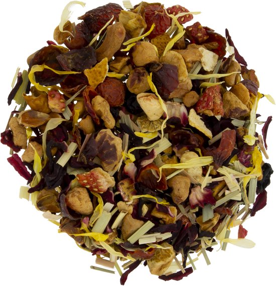Gedroogd fruit met stukjes appel, abrikoos, cranberry's, citroengras en gele bloemblaadjes.