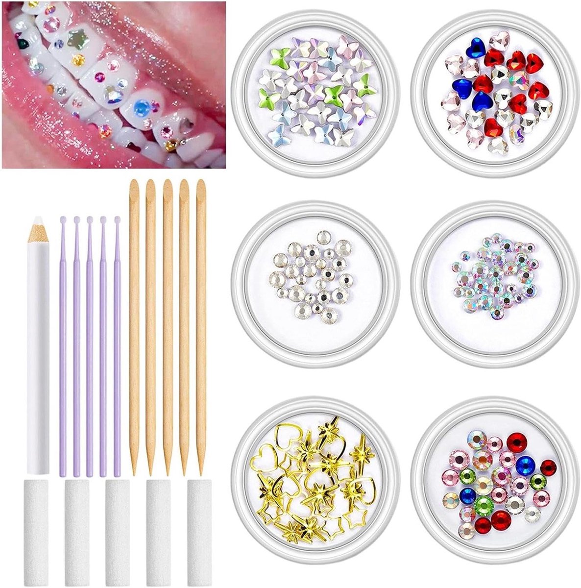 Tandkristallen - Tandsieraden Kunstornamenten - Feestelijke Glans Creëren - Zelfklevend en Comfortabel - 6 Kristallen - Multicolor