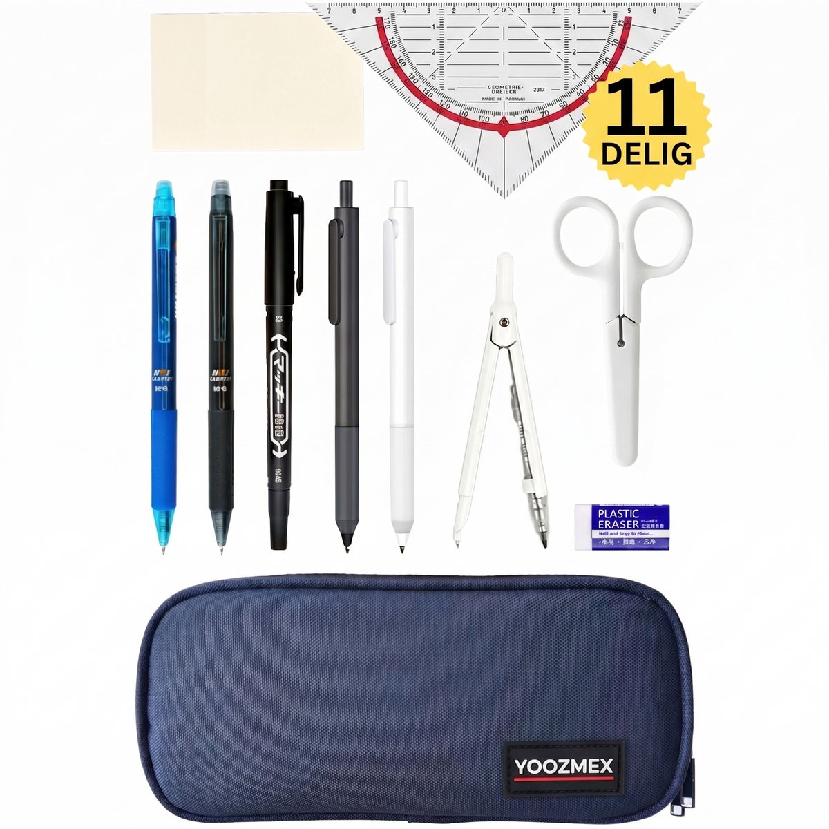Ainy - Premium etui gevuld 11 delig complete pennenzak set voor jongens en meisjes - Schrijfset Incl. luxe uitwisbare pen, pennen, schaar, gum, passer en meer - essentiële schoolspullen voor middelbare school