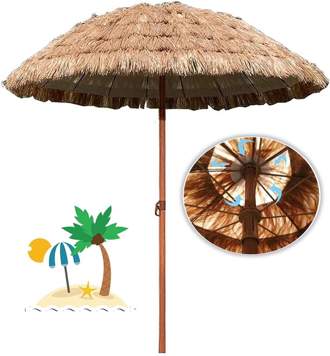 Tiki Paraplu - Rieten Parasol Tropisch - Strand en Tuin - UV-bescherming 50+ - 145 cm - Natuurlijk