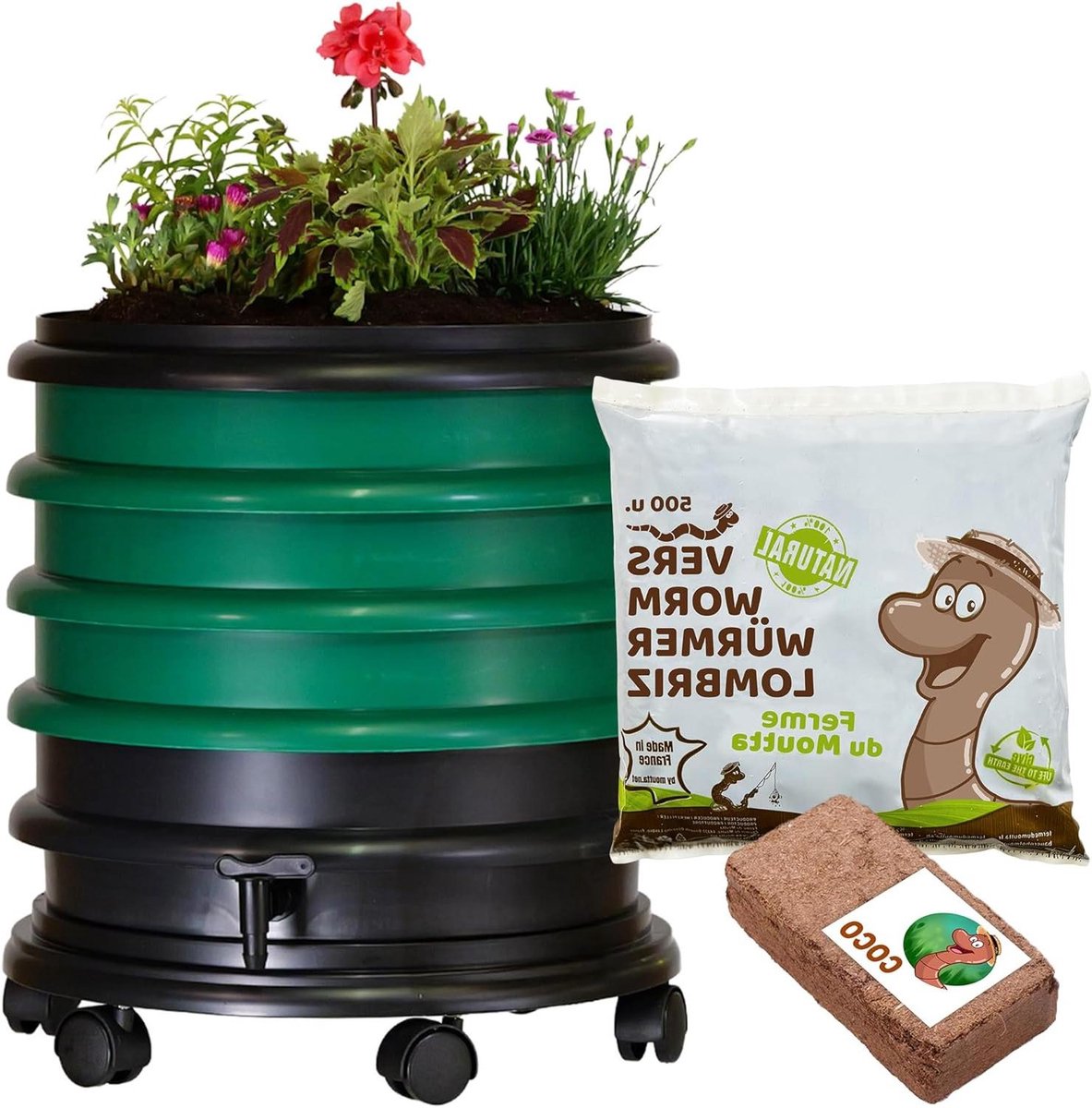Wormenbak Compostbak - Lombricomposter Bak - Organisch Afval Verwerken - Met Bloembak Optie - 48 liter - Donkergroen