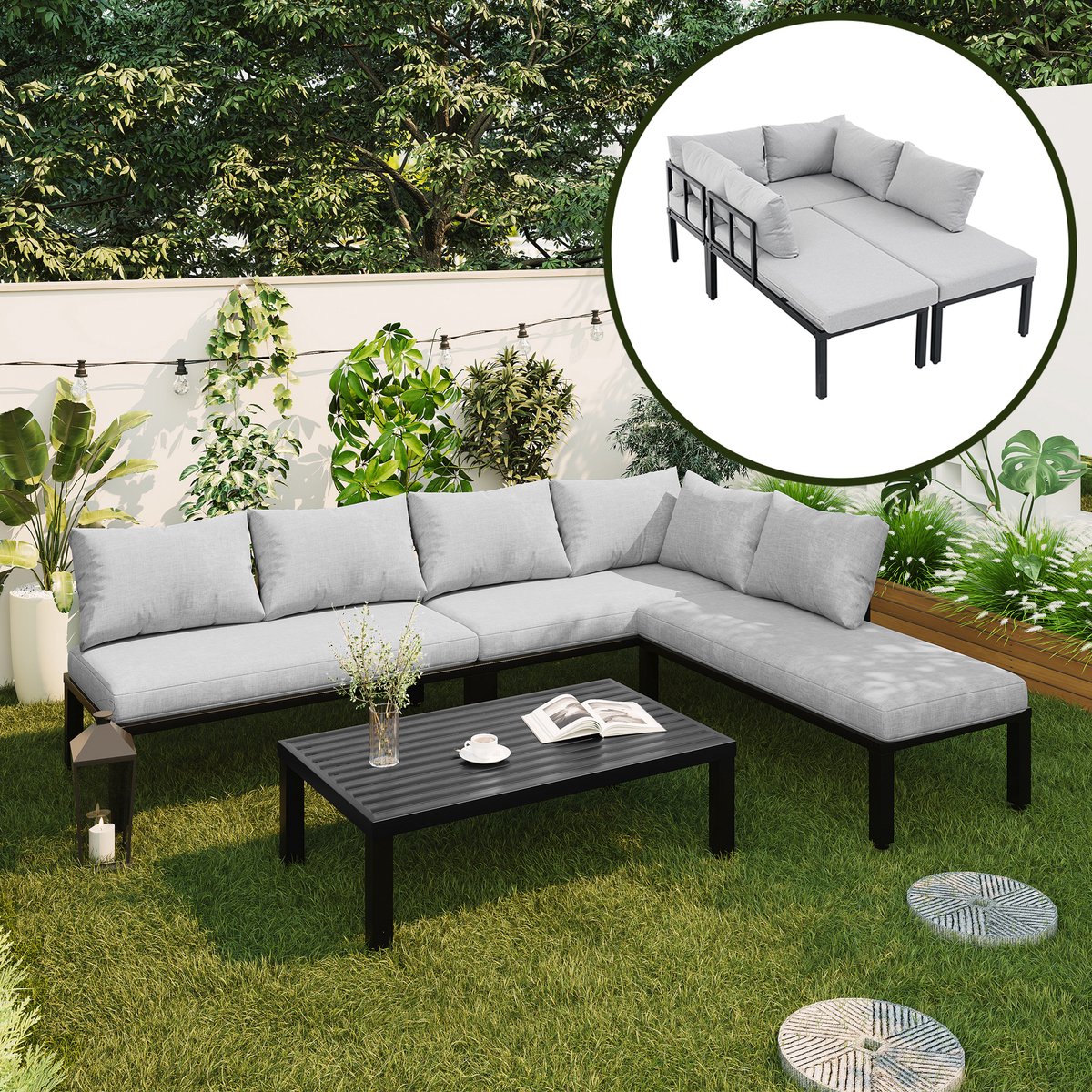 Tuin eetset - tuinmeubelset - loungestoelset - 6 zitplaatsen - verstelbare poten - afneembare rugleuning - modulaire bank - grijs
