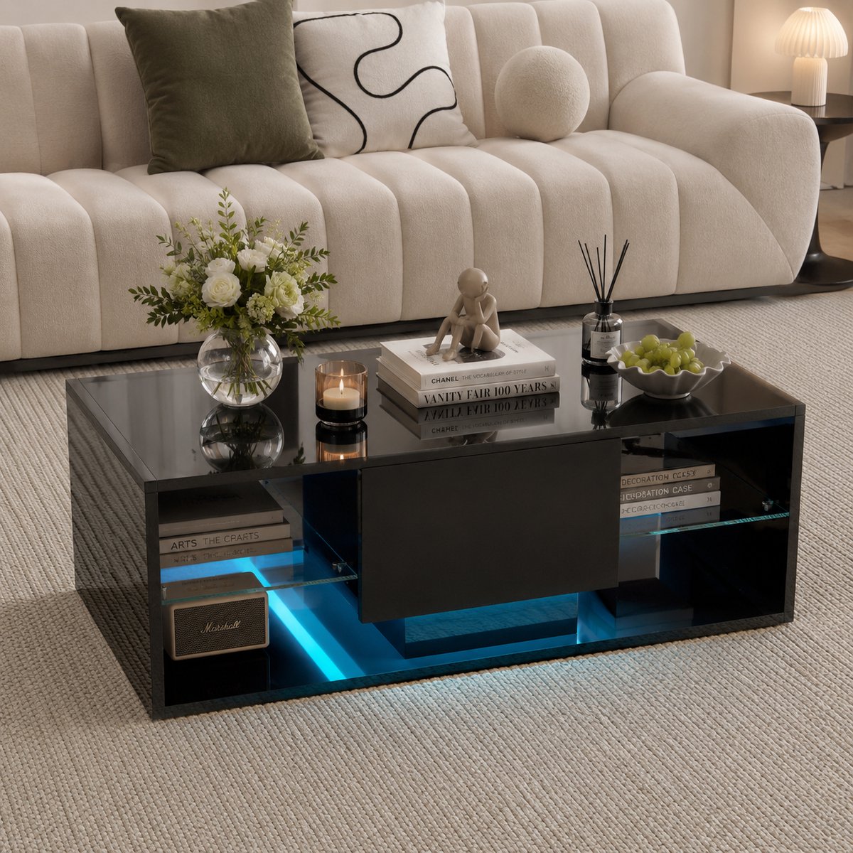 Salontafel Glanzende - met hangende led-lichtstrip - salontafels met open schap en lades - Rechthoekige - 100x50x35cm - Moderne woonkamertafels met opbergruimte - Zwart
