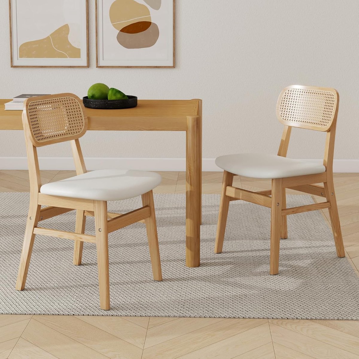 Rattan Eetkamerstoelen Set van 2 – PU Lederen Keukenstoelen Zonder Armleuningen met Houten Poten 49,5 x 47 x 80 cm – Witte Design Stoelen