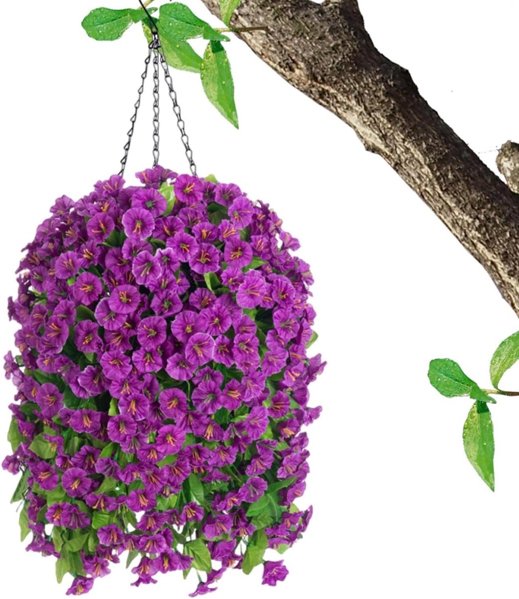 Kunstige Morning Glory Mand - Nep Bloemen Hangend - Buiten Decoratie - UV-bestendig Materiaal - 95 cm - Paars