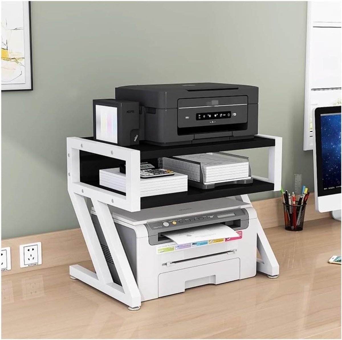 Printer Stand - Printer Tafel - Kantoor Organisatie - Stabiele Stalen Frame - 45x25x41.5 cm - Zwart Wit