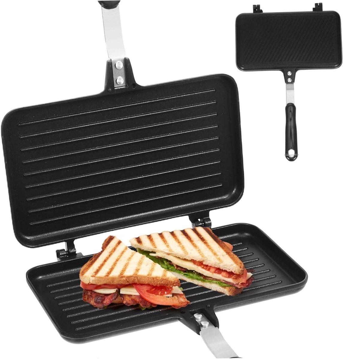 Sandwich Pan - Broodijzer Grillpan - Ontbijt Maken - Dubbelzijdig Grillen - 35 cm - Zwart