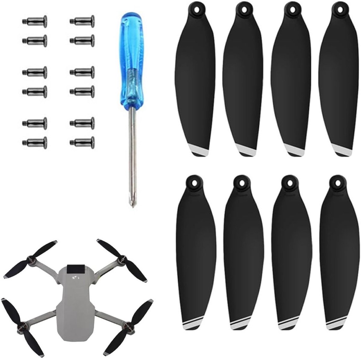 Ronte - Drone propellerset voor stille vluchten - 8 stuks - Zwart met zilveren rand. Bevat 12 schroeven en 1 schroevendraaier. Geschikt voor vervanging.