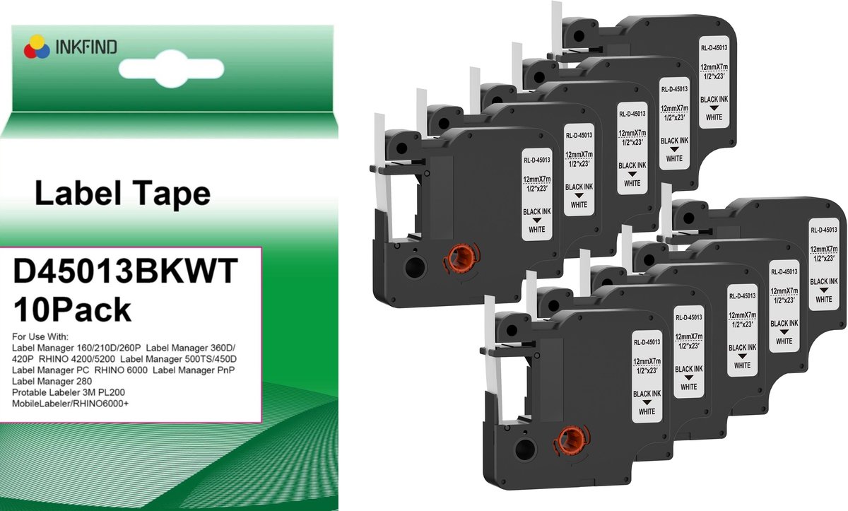INKFIND 45013 D1 labels Zwarte op Wit Label 12 mm x 7 m Zelfklevende etiketten (10 Pack) Geschikt voor Dymo Labelwriter