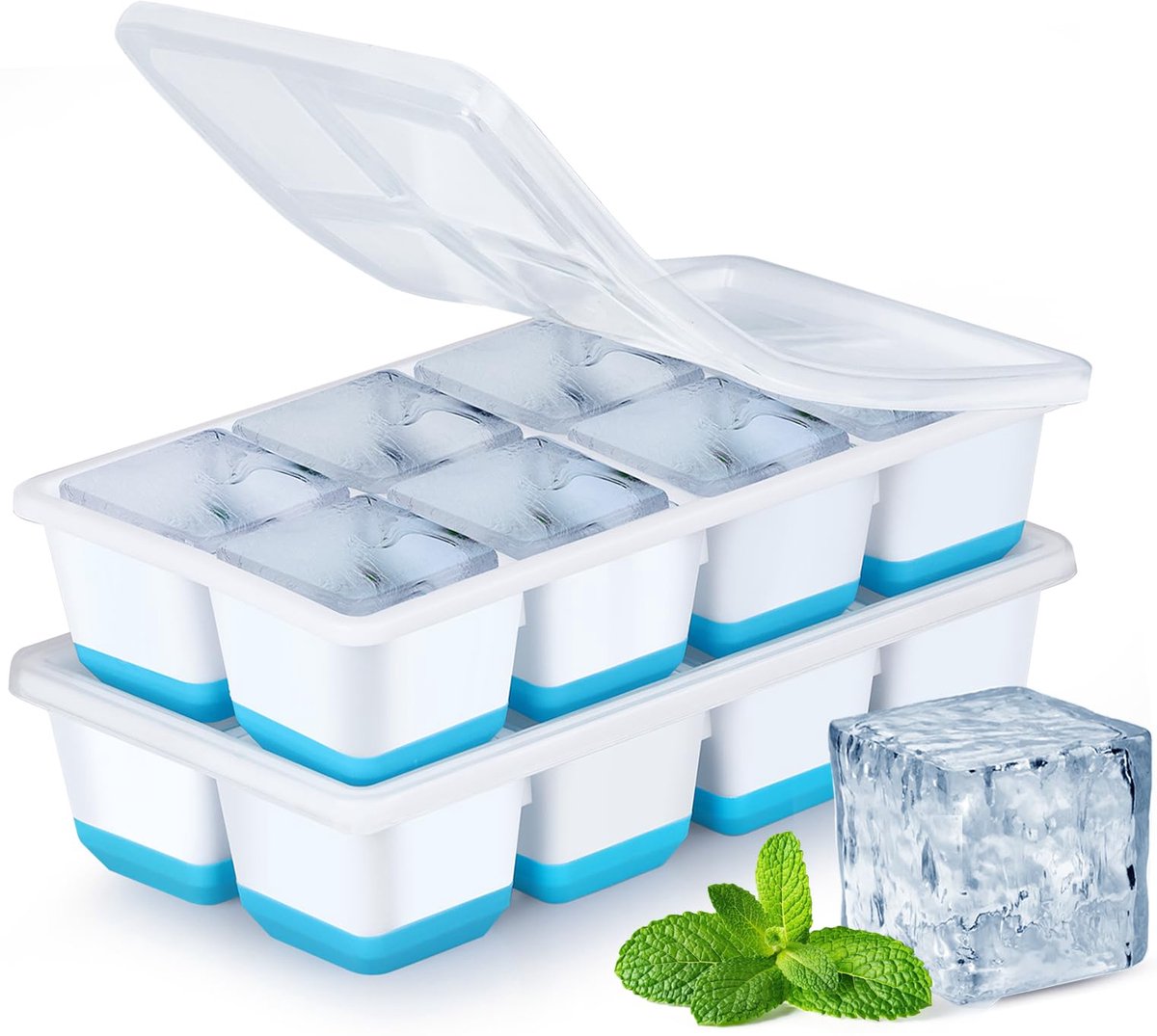 Grote Siliconen IJsblokjesvormen met Deksel – Set van 2 BPA-vrije Stapelbare IJsvormen voor Cocktails, Whisky, Bier en Babyvoeding – Blauw