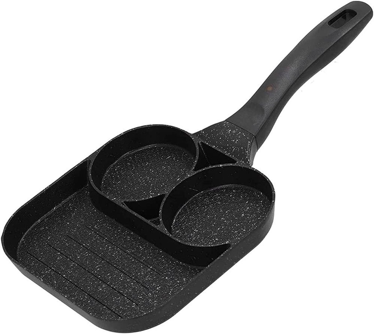 Koekenpan met 3 vakken - Omeletpan Eiermaker - Ontbijt bereiden - Anti-aanbaklaag - 37x19 cm - Zwart