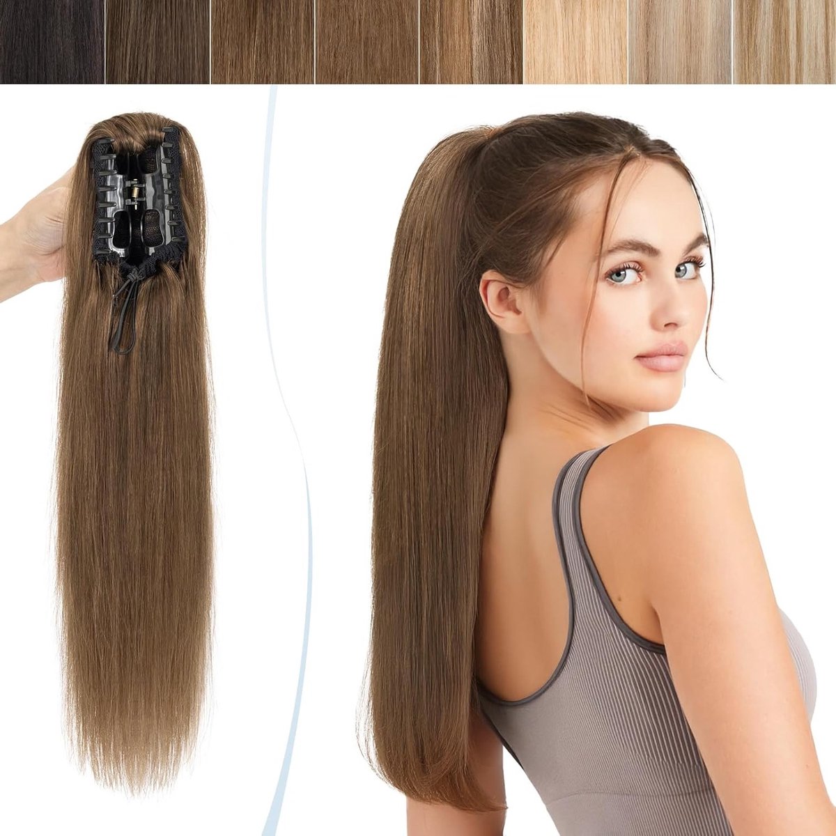 Ponytail Extension van Echthaar voor een Volumineuze Paardenstaart - Clip-in Haarstuk 100% Remy Haar, Middenbruin 22" (55cm) voor Haarverlenging en Styling