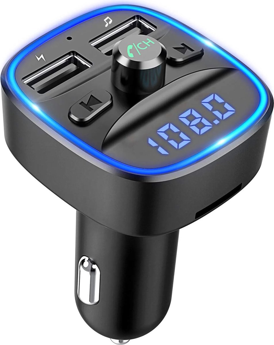 Auto Bluetooth-zender, autoradio-ontvangeradapter met blauw sfeerlicht, ondersteunt handsfree bellen, twee USB-poortenOplader B ondersteunt SD-kaarten en USB-flashdrives.