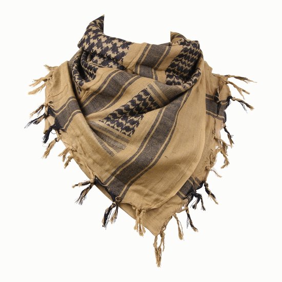 Bruine sjaal met houndstooth- en streepjespatroon, met franjes.