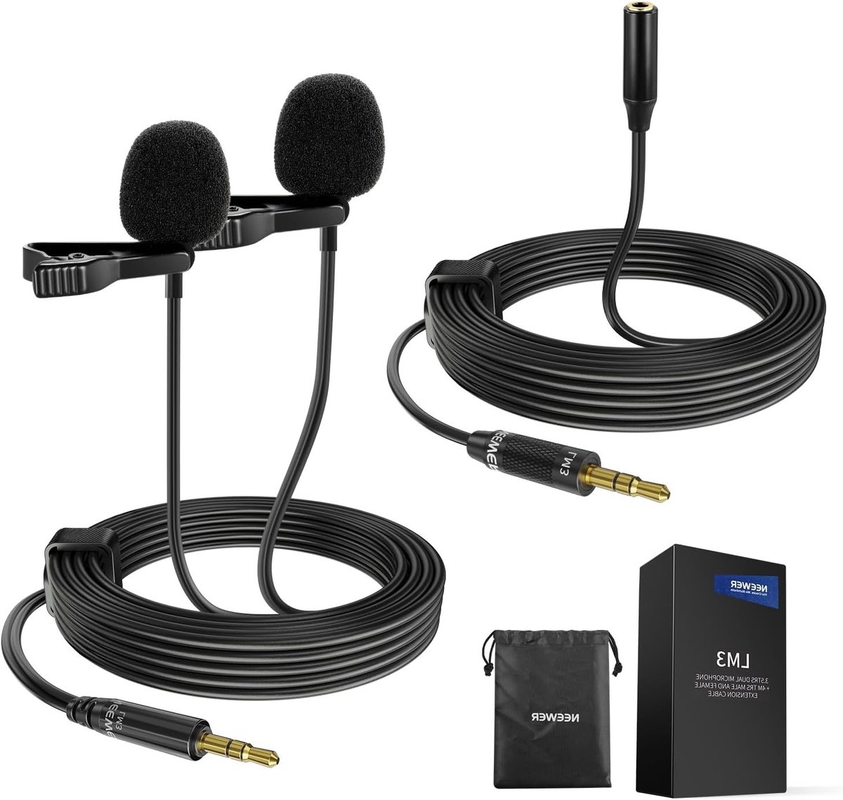 Draadloze dual lavalier microfoons met 4m verlengkabel voor interviews en vlogs, omnidirectionele condensator microfoon voor DSLR en camcorders
