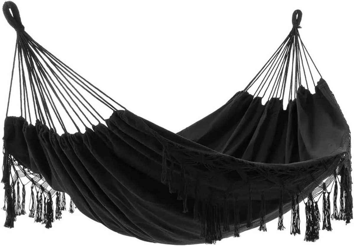 Hangbed - Buitenbed - Ontspannen Buiten - Geweven Kwastdecoratie - 200x150 cm - Zwart