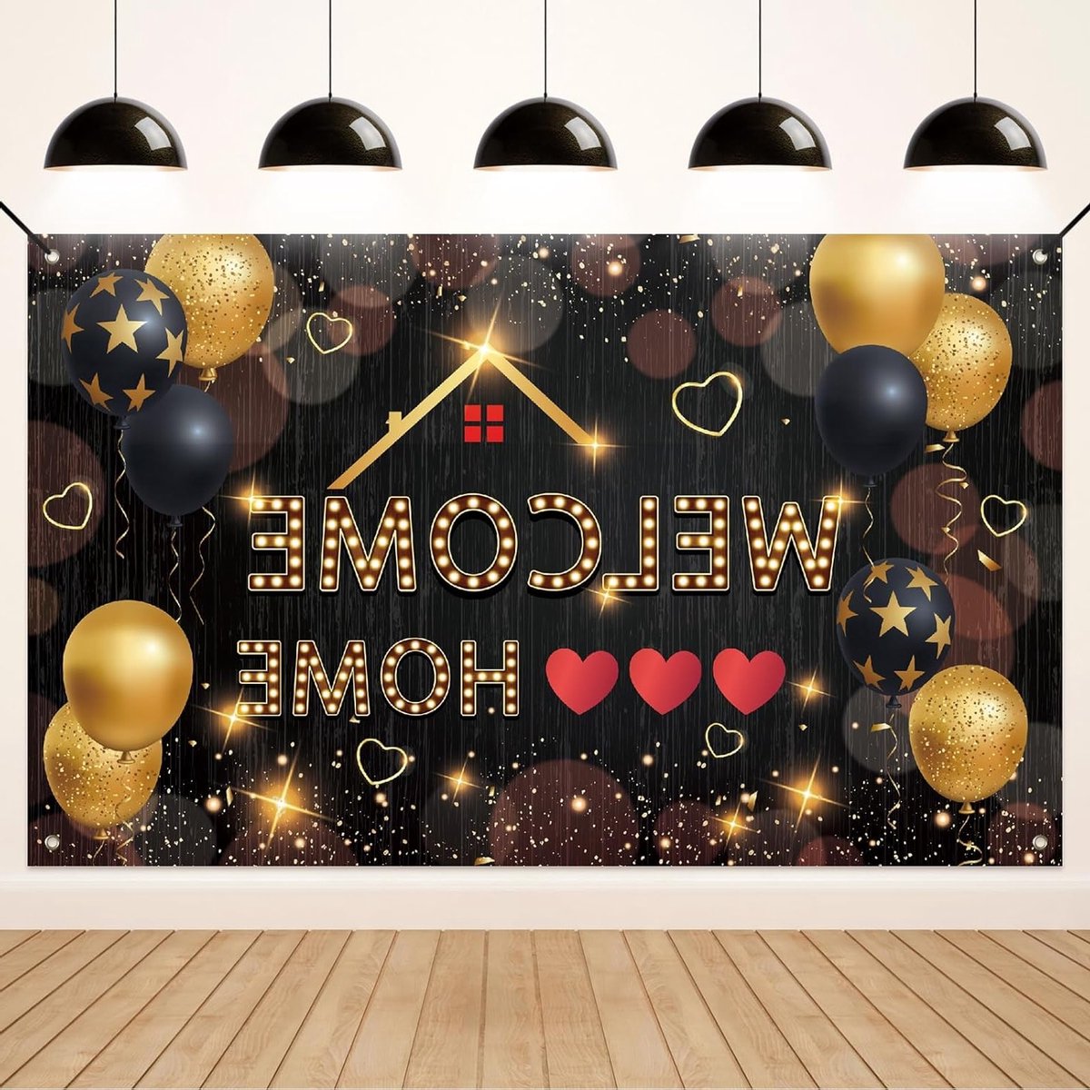SnelShoppen - Welkom Thuis Decoratie Banner Garland 180x110cm, Zwart Goud, Feestdecoratie voor Thuiscoming, Familiebijeenkomst, Verjaardag, Feest, Dec
