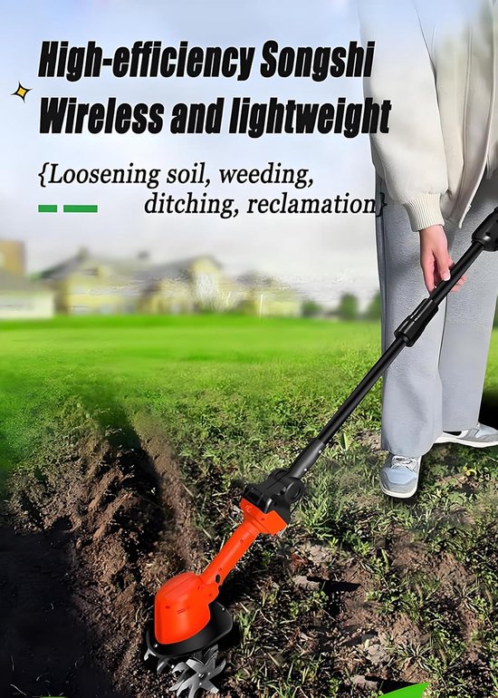Draadloze Tuinfrees - Elektrische Schoffel - Bodem Voorbereiden - Telescopische Paal - 10 cm Werkbreedte - Zwart — afbeelding 4