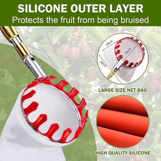Fruitplukker met mand - Telescopische grijper - Fruit oogsten - Roestvrij staal - Tot 3 meter - Zilver — afbeelding 2