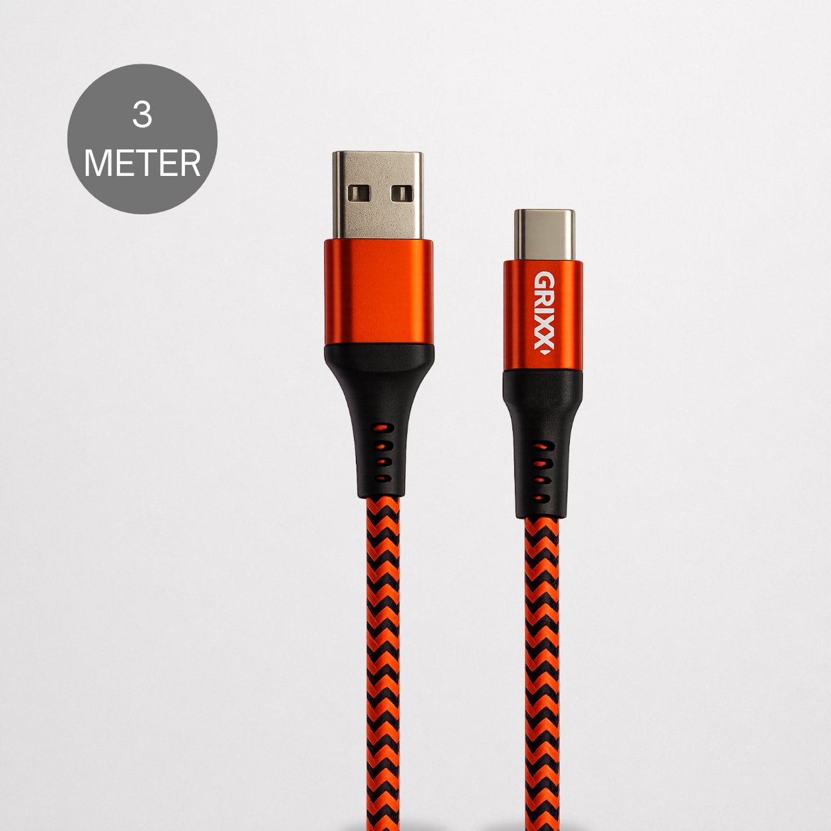 Grixx USB-C naar USB-A Kabel - Gevlochten - 3 meter - Rood/Zwart
