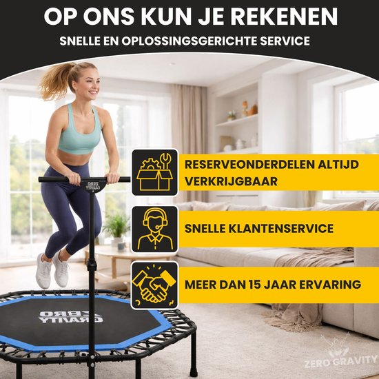 Vrouw op achthoekige trampoline met handgreep. Biedt reserveonderdelen, snelle klantenservice en 15 jaar ervaring.