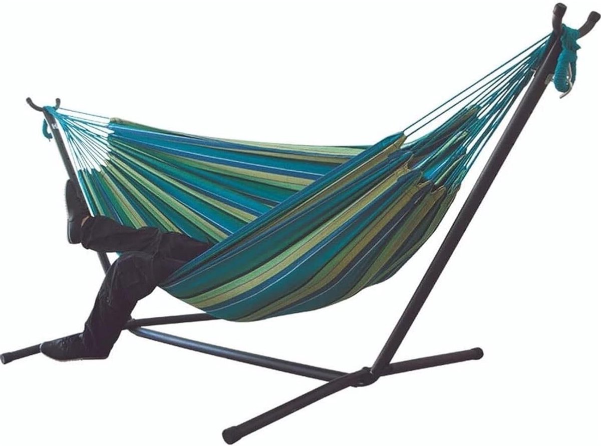Dubbele Hangmat - Kampeerhangmat Tuin - Ontspannen Buiten - Inclusief Standaard - 265x150 cm - Gestreepte Kleuren