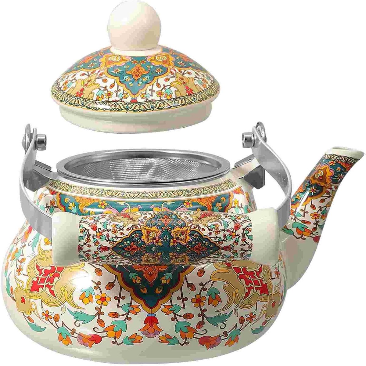 Waterketel Emaille - Theepot Koffiefilter - Water Koken - Vintage Bloemen Design - 1.5 Liter - Oranje