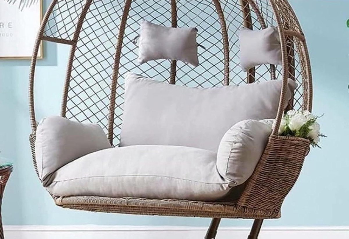 Dubbele Hangstoel - Eierstoel voor twee - Buiten Ontspannen - Waterdicht Rotan - 150x110cm - Bruin
