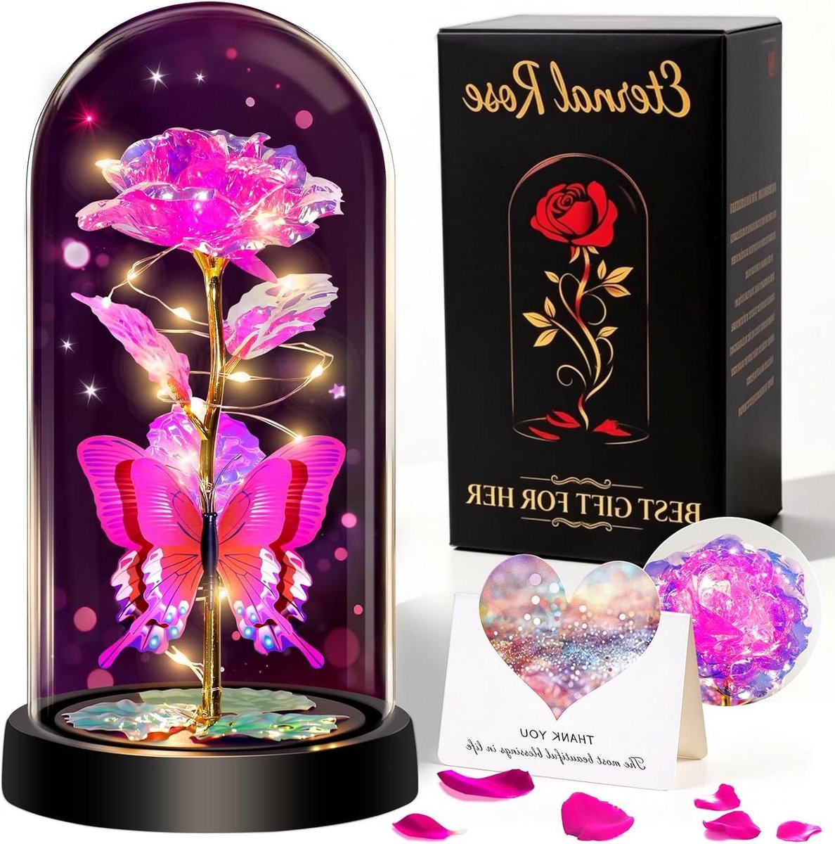 Eeuwige Roos - Glazen Bloemen - Decoratie Huis - Met LED Licht - 21.5 cm Hoog - Pastel Goud
