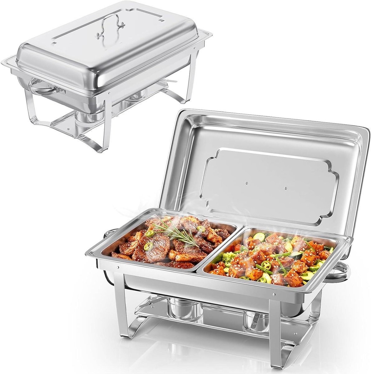Buffetwarmers Roestvrij Staal - Voedselverwarmers Set - Feesten Warm Houden - Versterkte Stabiele Bodem - 2 x 9 Liter - Zilverkleurig