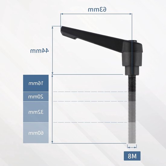 Set van 4 Verstelbare Klemhendels van Koolstofstaal, M8-16 mm, Voor Machine Grips en Klemtoepassingen, Zwart, 16 mm — afbeelding 5