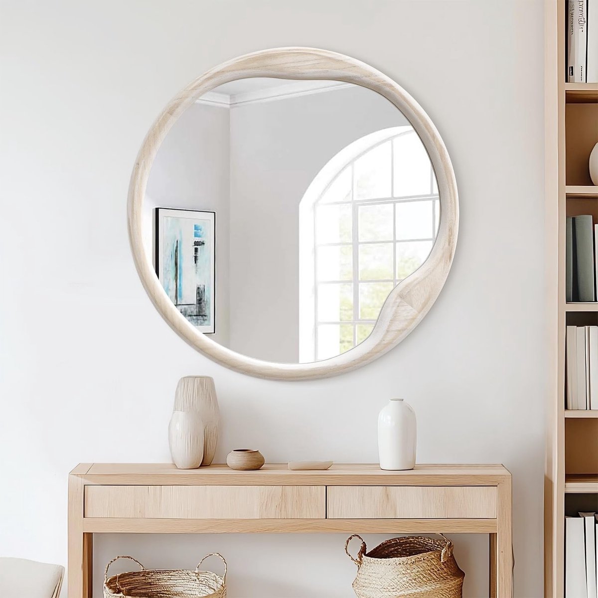 Witte Ronde Wandspiegel van 50.8 cm voor Badkamer, Hal en Slaapkamer met Houten Frame - Decoratieve Spiegel voor Thuisgebruik